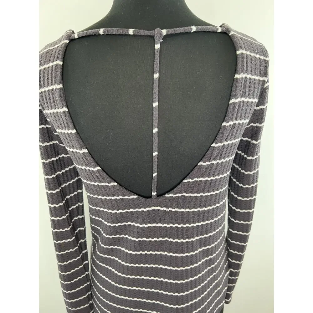 CHASER Gray White Striped Long Sleeve Waffle Knit Women's Top Size S Small